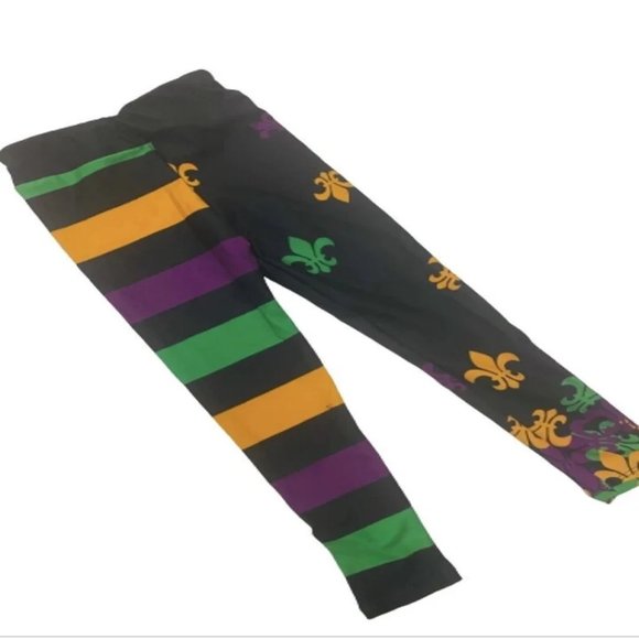 Mardi Gras Junior Teen Tween Purple Green and Gold Fleur de Lis FDL Leggings - Picture 1 of 1